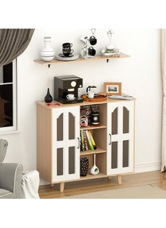 AGD Multipurpose Coffee Cabinet, Wide Wooden Top, Open Shelves, Glass Window Doors with Wooden Spice Rack and Cup Hanging, Perfect for Living Room, Kitchen, Office in White  - Image 2