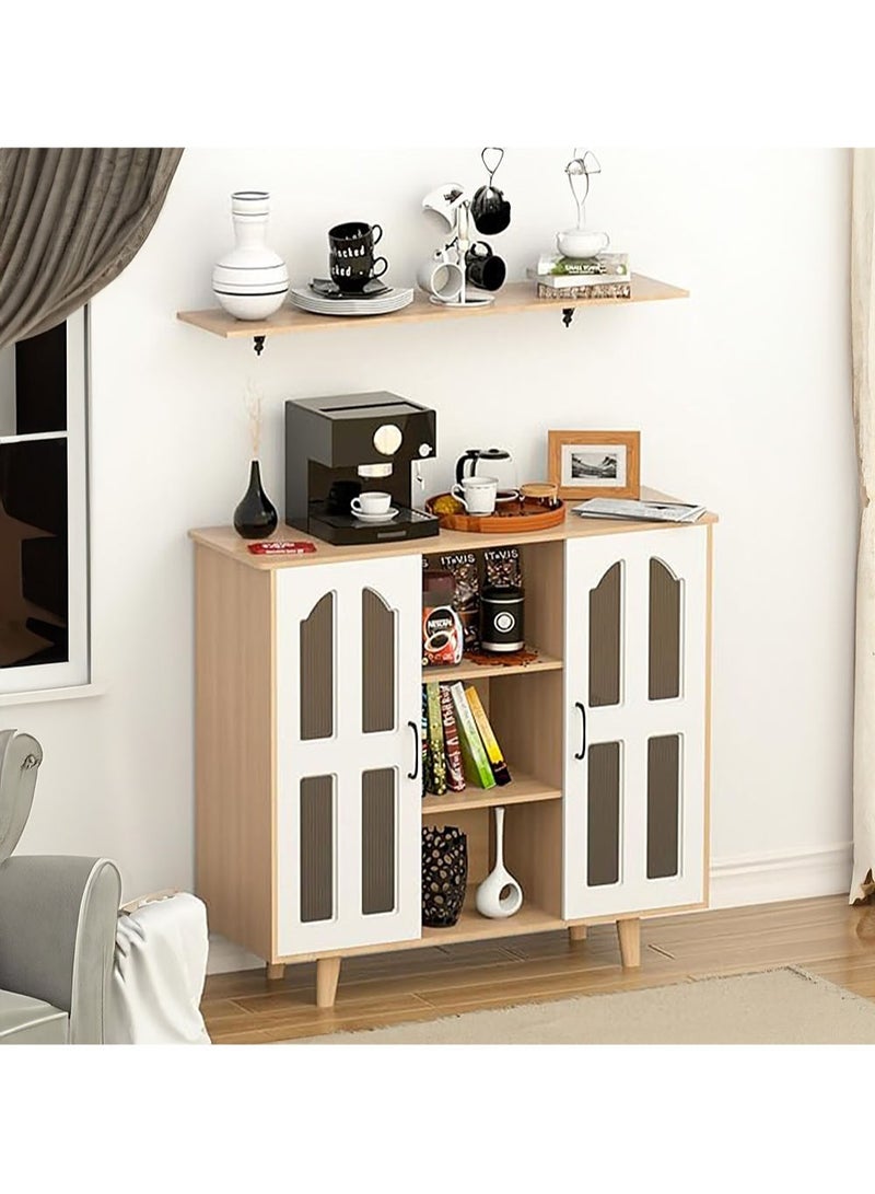 AGD Multipurpose Coffee Cabinet, Wide Wooden Top, Open Shelves, Glass Window Doors with Wooden Spice Rack and Cup Hanging, Perfect for Living Room, Kitchen, Office in White - Image 2