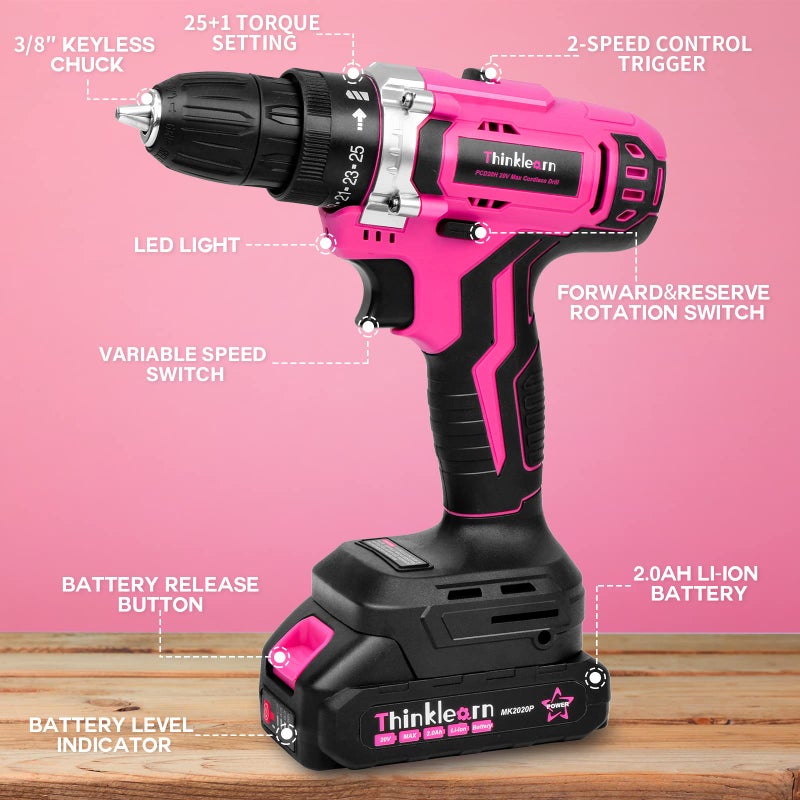 ThinkLearn Pink Cordless Drill Set, 20V Lithium-ion Power Drill Set for Women with 67Pcs Driver Bits, 3/8"Keyless Chuck, 25+1 Position, 2.0Ah Battery, Charger and Storage Bag Included - Image 2