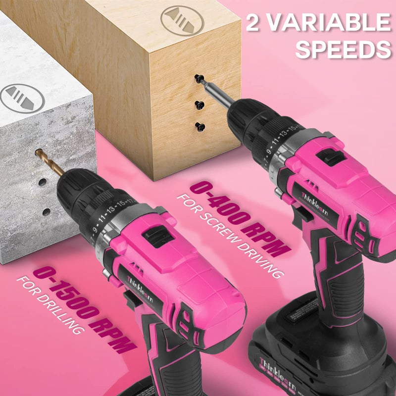 ThinkLearn Pink Cordless Drill Set, 20V Lithium-ion Power Drill Set for Women with 67Pcs Driver Bits, 3/8"Keyless Chuck, 25+1 Position, 2.0Ah Battery, Charger and Storage Bag Included - Image 3