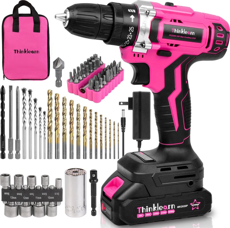 ThinkLearn Pink Cordless Drill Set, 20V Lithium-ion Power Drill Set for Women with 67Pcs Driver Bits, 3/8"Keyless Chuck, 25+1 Position, 2.0Ah Battery, Charger and Storage Bag Included - Image 1