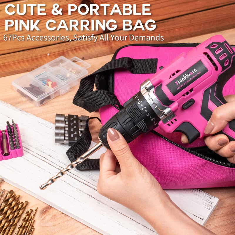 ThinkLearn Pink Cordless Drill Set, 20V Lithium-ion Power Drill Set for Women with 67Pcs Driver Bits, 3/8"Keyless Chuck, 25+1 Position, 2.0Ah Battery, Charger and Storage Bag Included - Image 5
