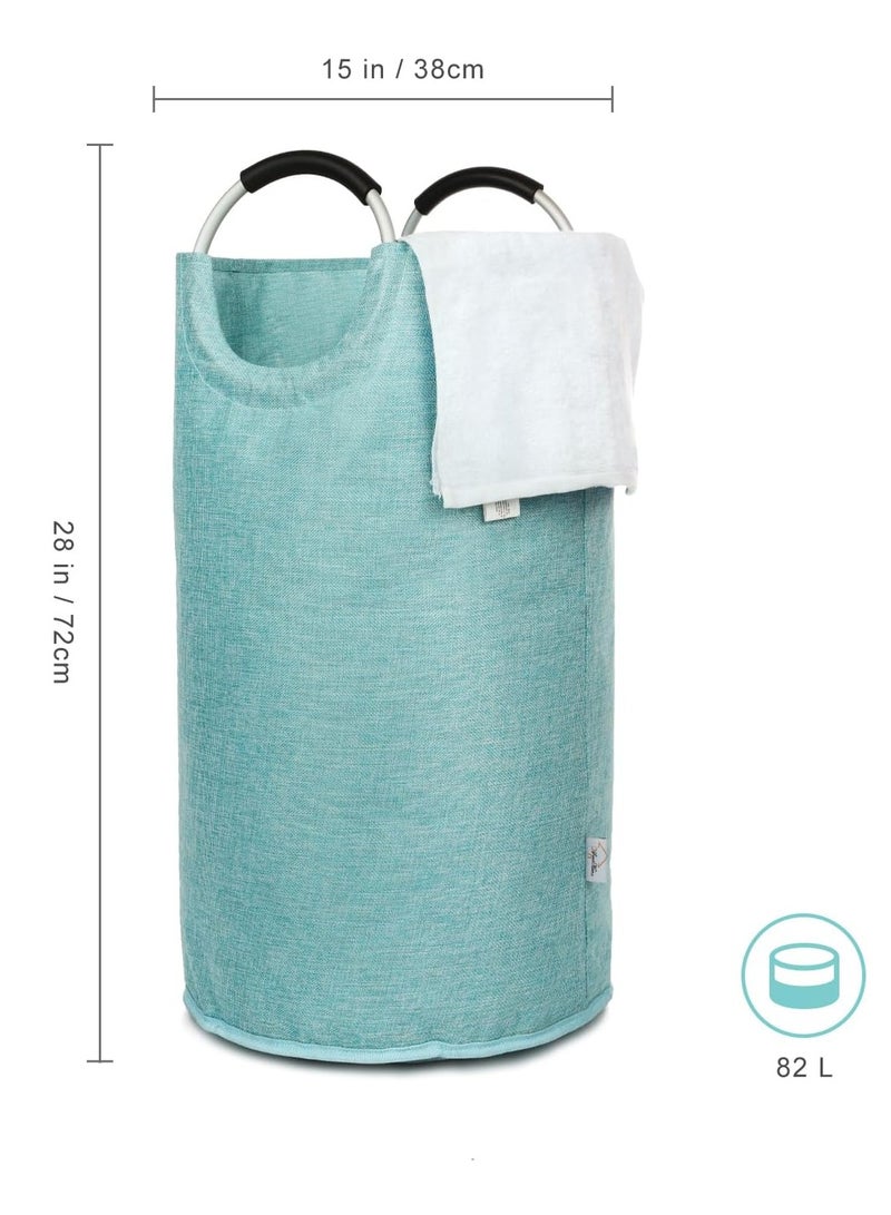 Raxoom Collapsible Laundry Basket, Tall Canvas Laundry Hamper, Protable Clothes Hamper with Handles, Large Foldable Llightweight Hamper Bags for Girl, Kids, College Dorm, Light Blue - Image 2