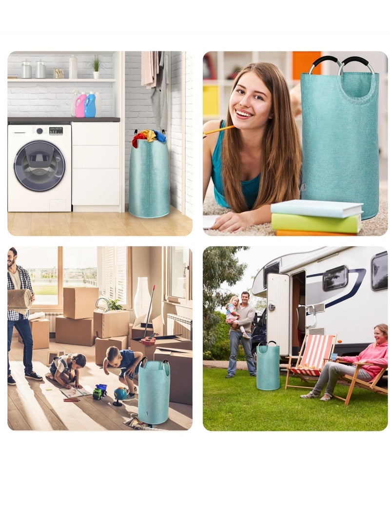 Raxoom Collapsible Laundry Basket, Tall Canvas Laundry Hamper, Protable Clothes Hamper with Handles, Large Foldable Llightweight Hamper Bags for Girl, Kids, College Dorm, Light Blue - Image 5