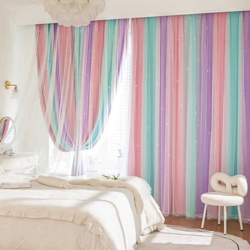XiDi Curtains for Girls Bedroom Kids Room 2 Panels Colorful Rainbow Design Unicorn Wall Decor Blackout Pink Curtains Cute Mermaid Princess Room 34 Wide 63 Inches Long Grommet Drapes Pink Purple Green - Image 2
