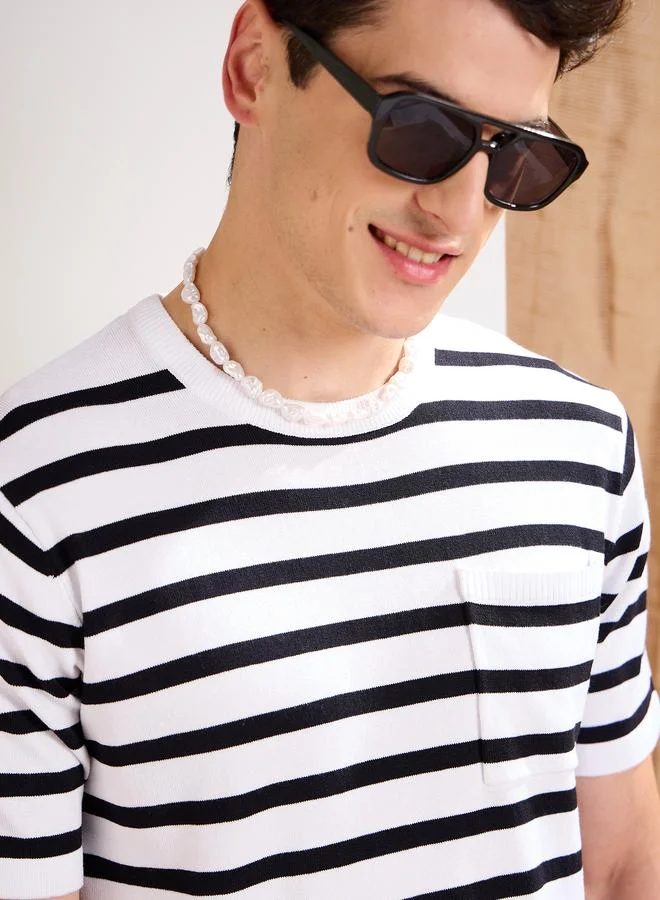 SASSAFRAS Sassafras White and Black Striped Premium Knit Chest Pocket T-Shirt