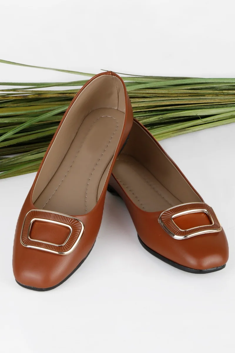 Renkli Butik Colorful Boutique Women's Stylish Buckle Comfortable Sole Leather Skin Ballerina Shoes