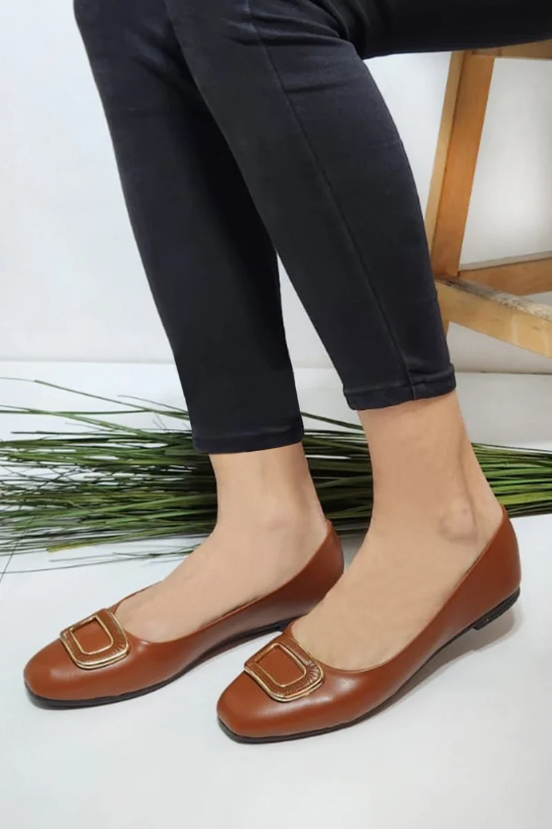Renkli Butik Colorful Boutique Women's Stylish Buckle Comfortable Sole Leather Skin Ballerina Shoes