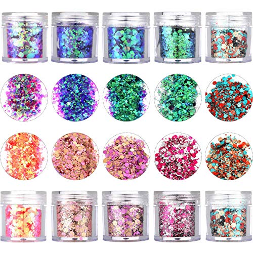 Onwon 10 Boxes Chunky Glitter Makeup Set Colorful Mixed Cosmetic Glitters Flakes for Eye Shadow Body Nail Face Lips Hair Iridescent Flakes Cosmetic Paillette Sparkles Slime Supplies Powder Sequins - Image 2