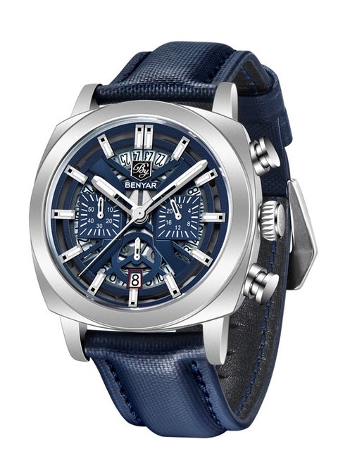 Men's Analogue Chronograph Quartz Watch 50M Waterproof Luminous Date Display Luxury Watch Sport Leather Watch,Silver Blue