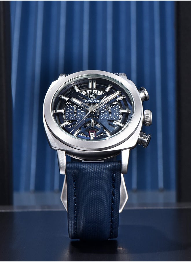 BENYAR - Men's Analogue Chronograph Quartz Watch 50M Waterproof Luminous Date Display Luxury Watch Sport Leather Watch,Silver Blue - Image 1