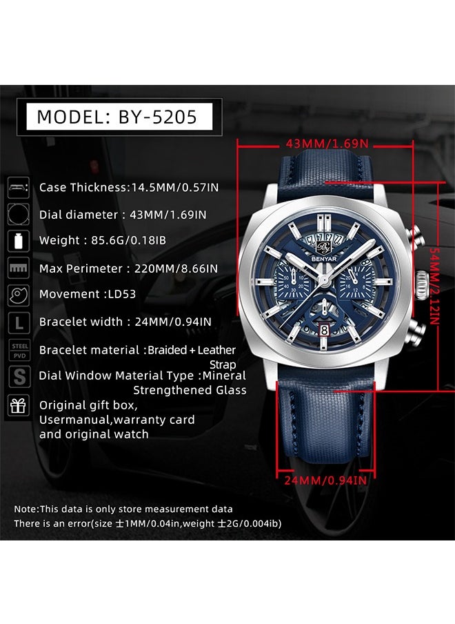 BENYAR - Men's Analogue Chronograph Quartz Watch 50M Waterproof Luminous Date Display Luxury Watch Sport Leather Watch,Silver Blue - Image 1