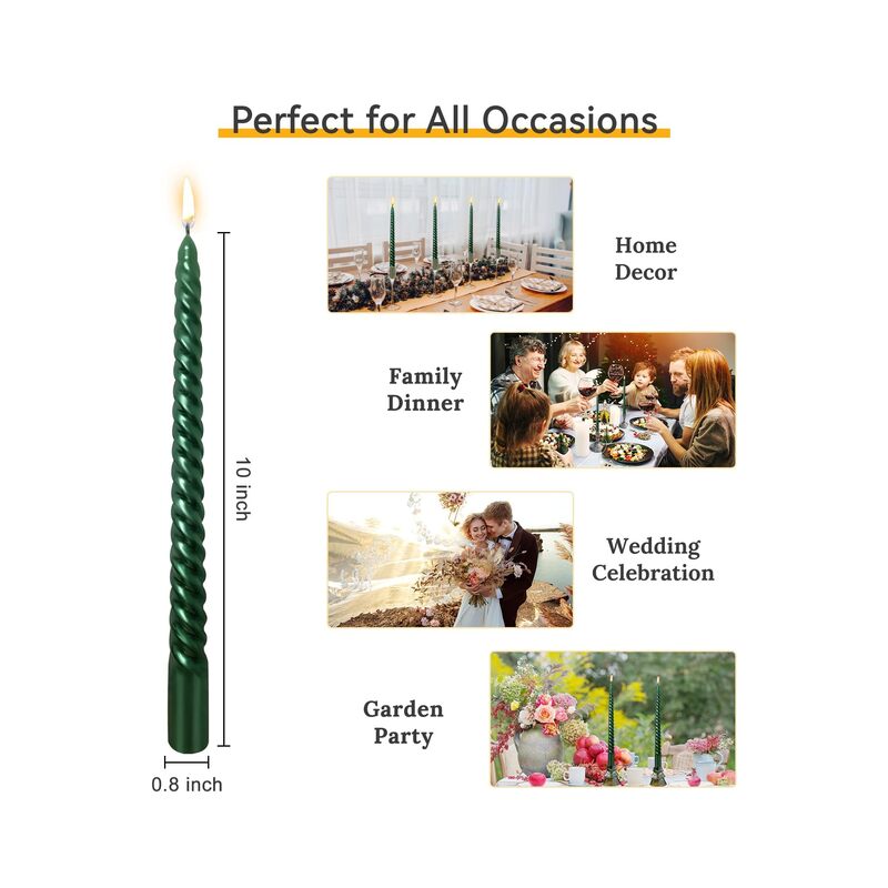 12 شمعة مدببة بطول 10 بوصات، شموع غير معطرة وخالية من الدخان للاستخدام المنزلي، وحفلات الزفاف، وأعياد الميلاد، وديكور المنزل (أخضر) - Image 2