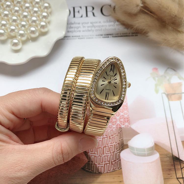 Snake Design Copper Band Womens Bracelet Watch Full gold 