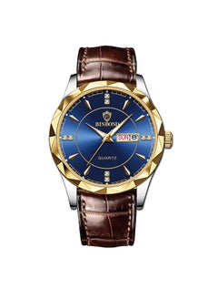 Brown leather strap blue watch dial