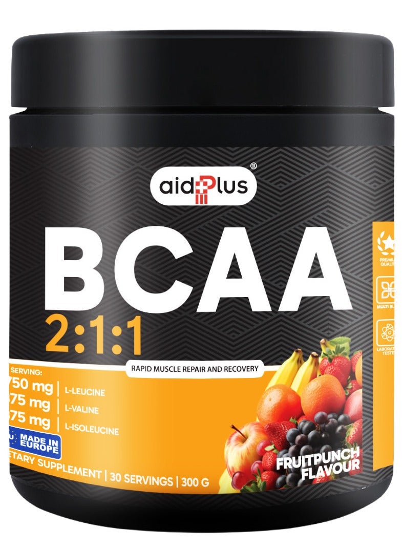 ايد بلس مسحوق فاكهة بنكهة الفواكه BCAA ٢:١:١، ٣٠٠ غرام | ١٠ غرامات من BCAAs لكل حصة | تعافي العضلات وترطيبها | إلكتروليتات وأحماض أمينية - Image 1