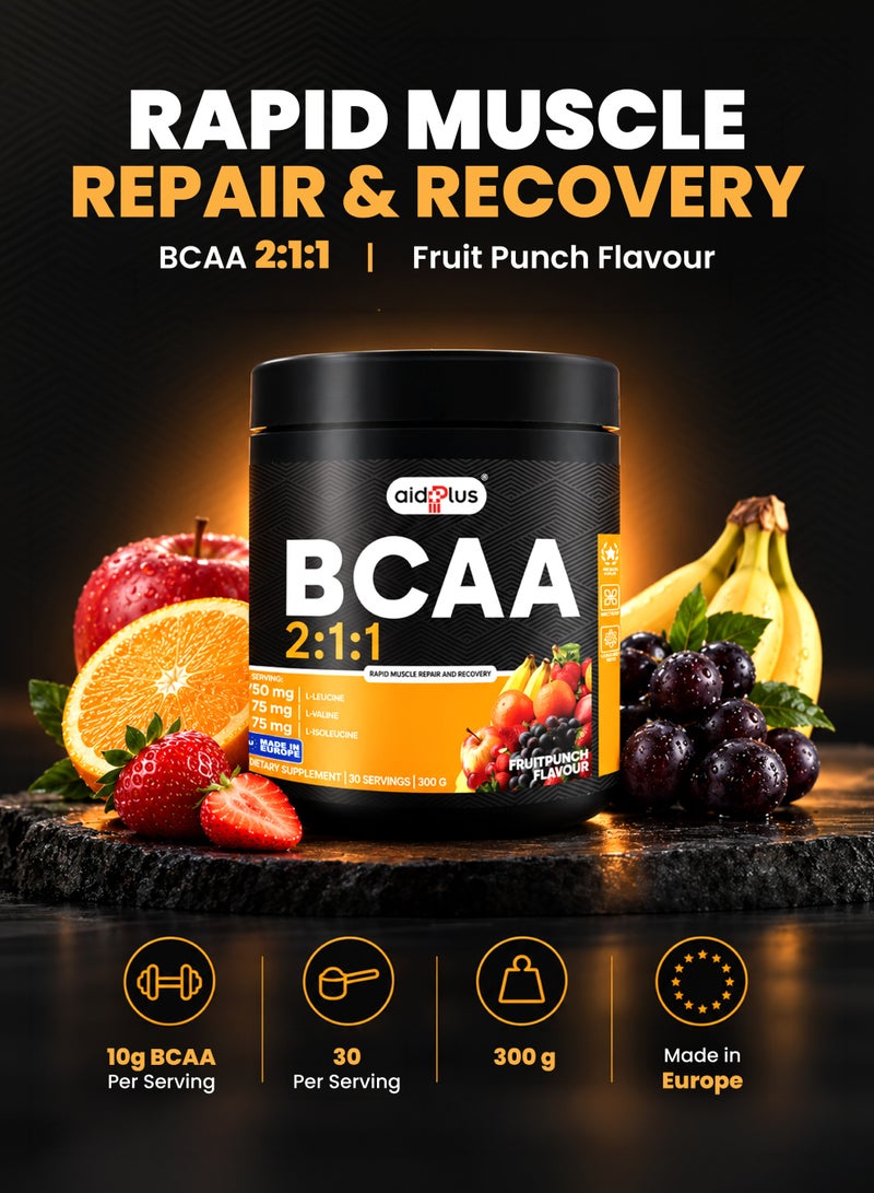 ايد بلس مسحوق فاكهة بنكهة الفواكه BCAA ٢:١:١، ٣٠٠ غرام | ١٠ غرامات من BCAAs لكل حصة | تعافي العضلات وترطيبها | إلكتروليتات وأحماض أمينية - Image 3