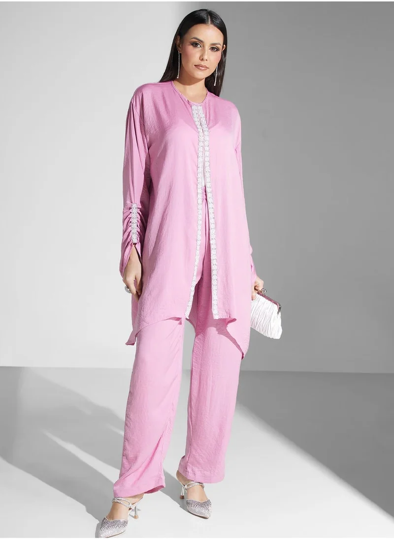 hayas closet Embellished Rushed Sleeve Shirt & Pant Set