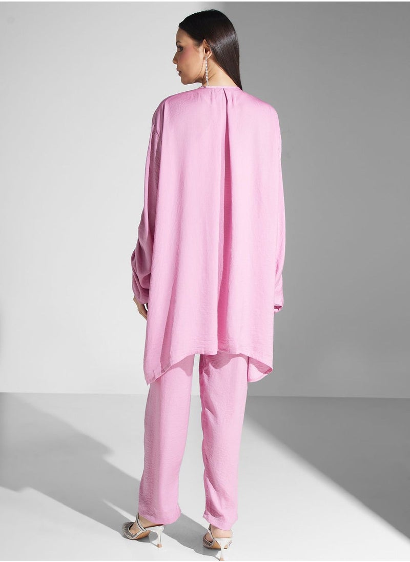 hayas closet Embellished Rushed Sleeve Shirt & Pant Set  - Image 3