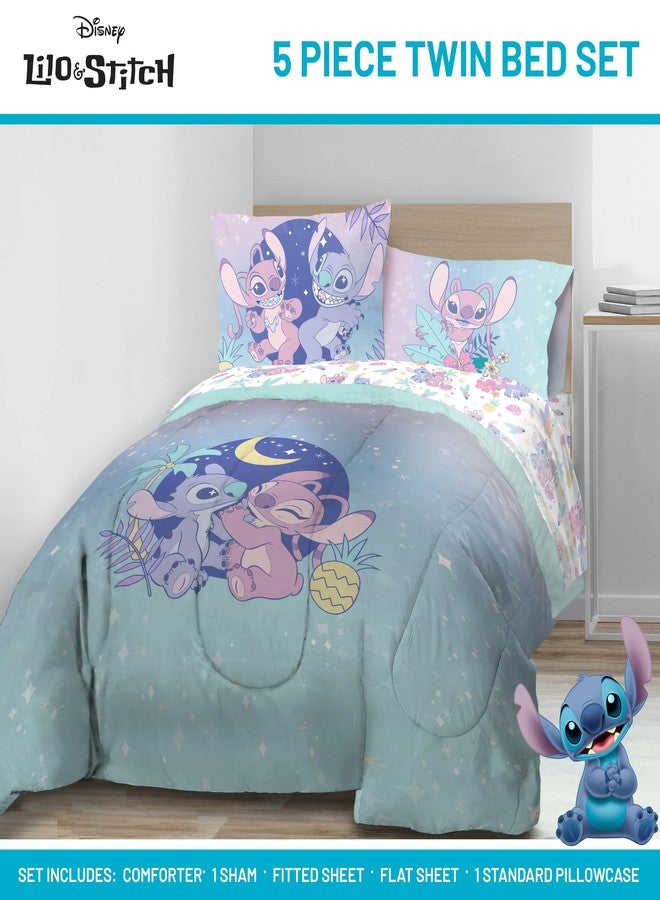 Jay Franco Disney Lilo and Stitch Twin Size Comforter Set - 5 Piece Floral Bedding Includes Sheet Set & Pillow Covers Features Angel - Super Soft Purple & Teal Stars Kids Bedding - Image 2