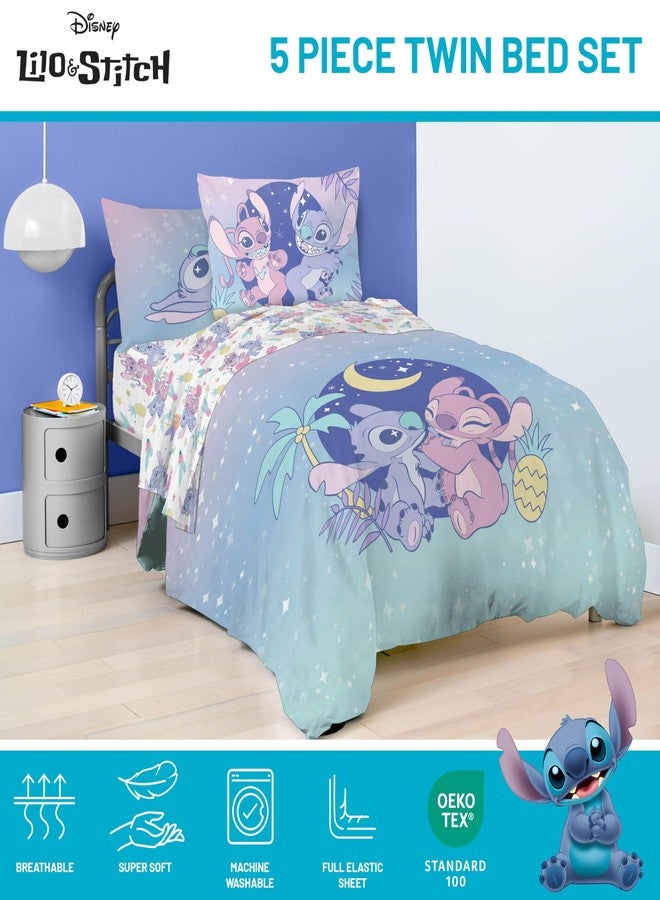 Jay Franco Disney Lilo and Stitch Twin Size Comforter Set - 5 Piece Floral Bedding Includes Sheet Set & Pillow Covers Features Angel - Super Soft Purple & Teal Stars Kids Bedding - Image 4