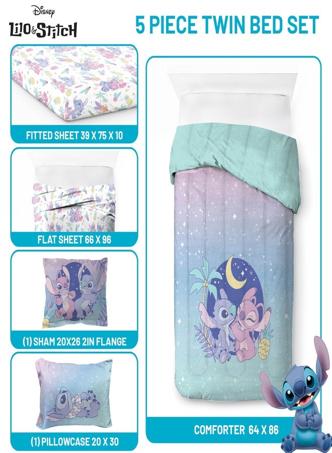Jay Franco Disney Lilo and Stitch Twin Size Comforter Set - 5 Piece Floral Bedding Includes Sheet Set & Pillow Covers Features Angel - Super Soft Purple & Teal Stars Kids Bedding - Image 3
