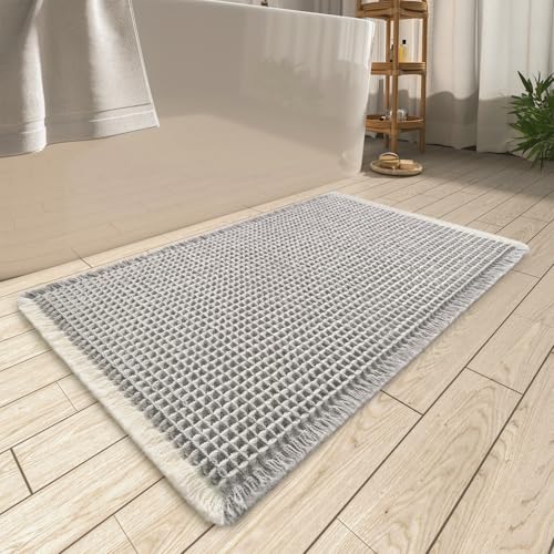 AMOAMI Upgraded Waffle Bath Mat Super Absorbent Non Slip Bath Mats for Bathroom Floor Machine Washable Bathroom Rugs with Tassels Rubber Backed Bathroom Mats Ultra Soft 20 x 32LightGrey Cream - Image 1