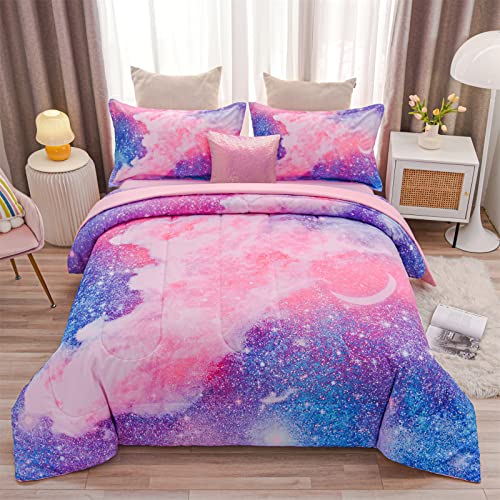 A Nice Night Galaxy Bedding Sets Outer Space Comforter 3D Printed Space Quilt Set Full 6Pcs Glitter Pinkfor Children Boy Girl Teen Kids - Image 1