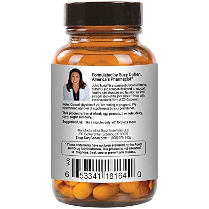Script Essentials Joint Script: Joint Comfort Formula with Curcumin MSM, Collagen & Boswellia | Suzy Cohen hyaluronic acid, C3 curcumin, MSM, collagen peptides, ginger & boswellia for flexibility, tendons and cartilage - Image 3