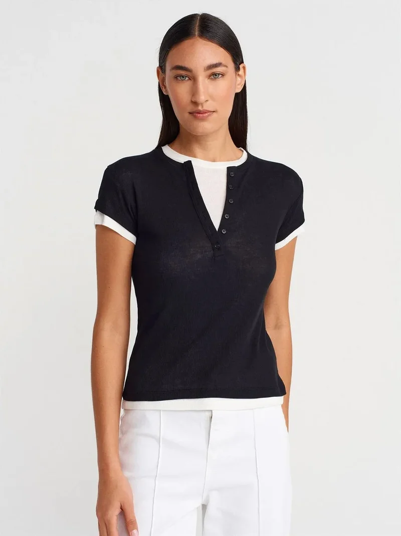 ديلفين DILVIN Women’s Cotton V-Neck Button T-Shirt