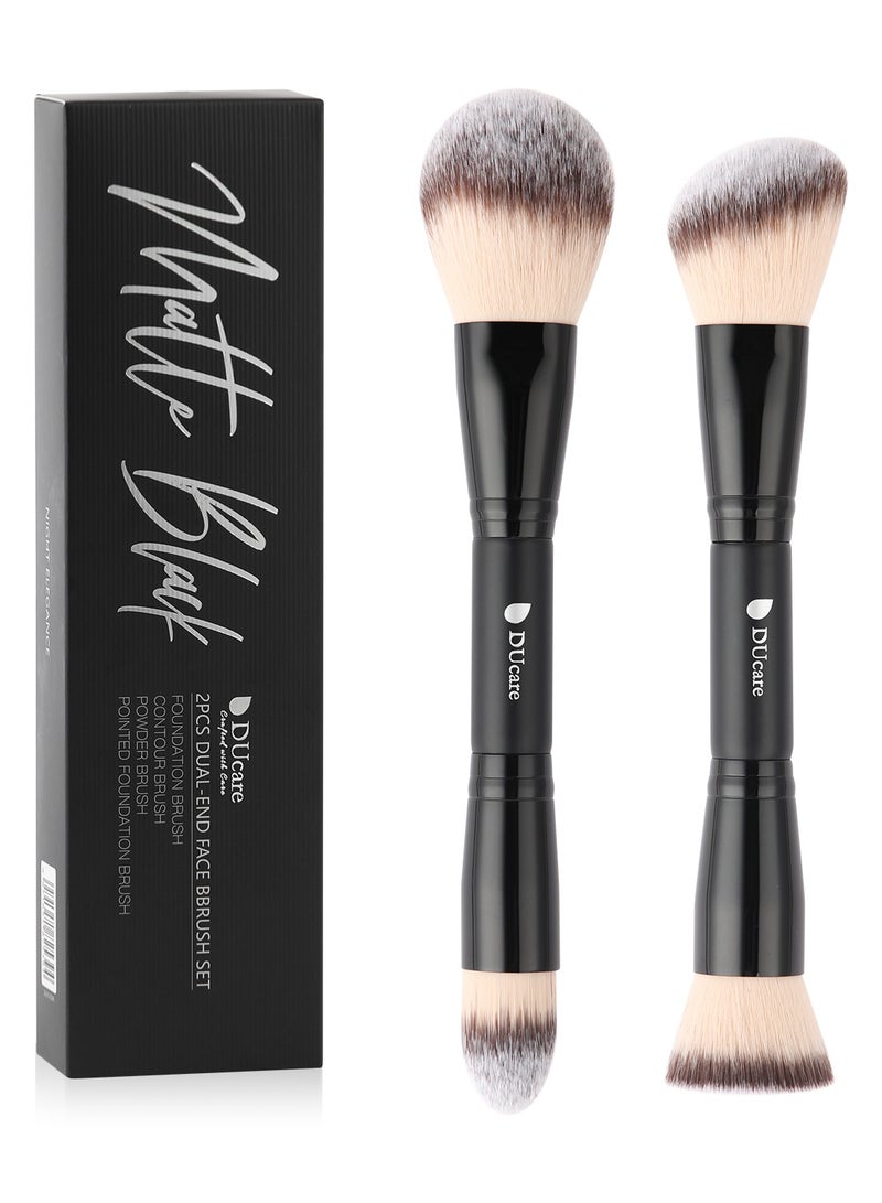 DUcare 2-Piece Dual-Ended Makeup Brush Set – 4-in-1 Foundation, Powder, Buffer & Contour Brushes for Liquid, Cream & Powder – Travel-Friendly Face Brush Kit - Image 2