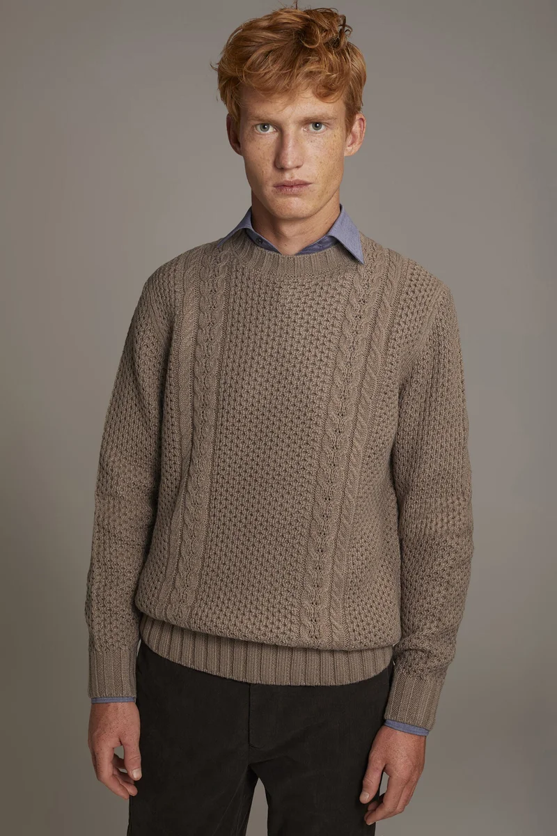 دوبل غانغر Wool blend round neck sweater with honeycomb heavy knitting - Taupe