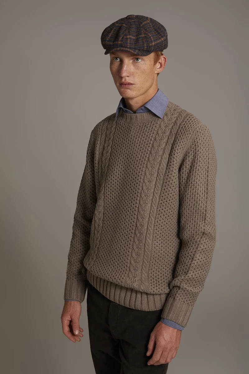 Wool blend round neck sweater with honeycomb heavy knitting - Taupe