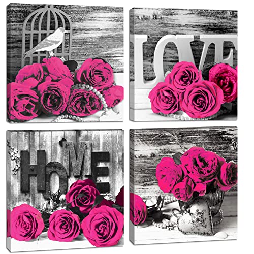 Pink Wall Decor Bedroom Wall Art Rose Flower Pictures Artwork 12x12 Retro Gray Love Floral Couples Canvas Prints Painting Modern Office Spa Bathroom Living Room Home Decoration Accessories 4PcsSets