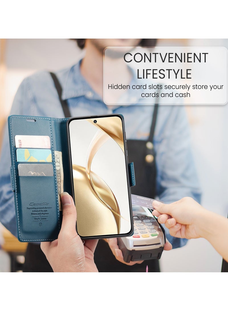 CaseMe Phone Case Luxury PU Leather Design Anti Fingerprint 023 Flip Cover Card Slot Holder Cover For Honor 200 (Blue) - Image 4