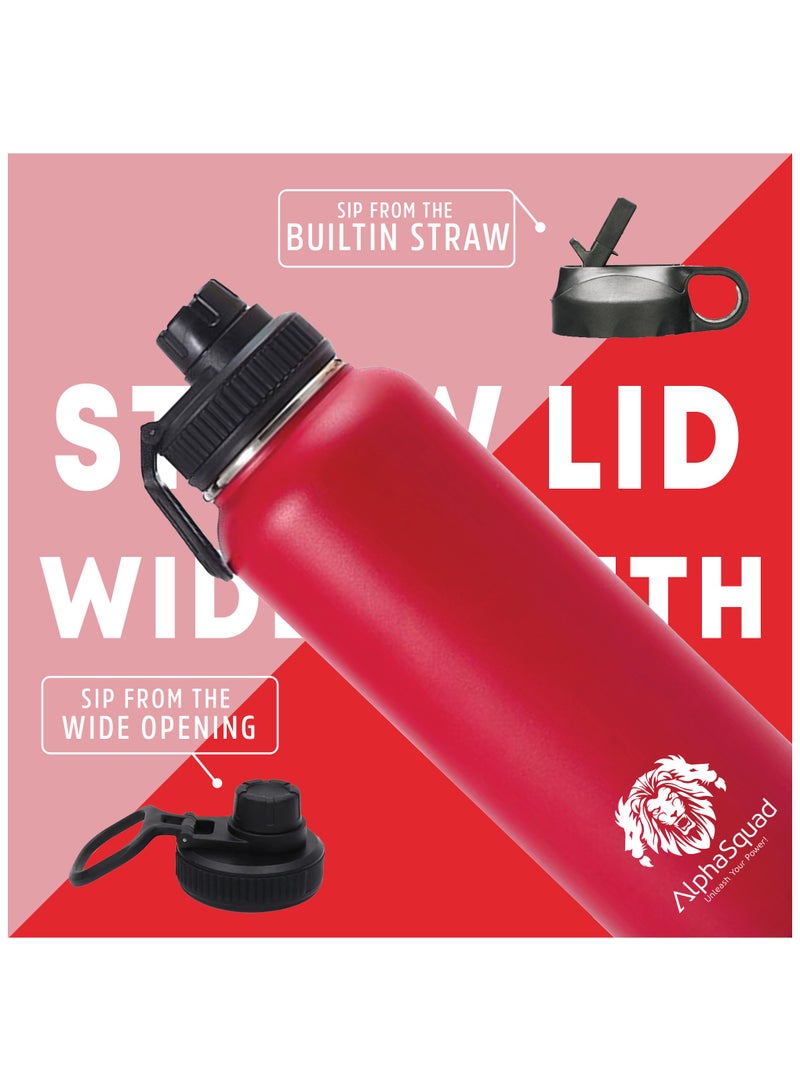 ألفاسكواد قارورة ALPHASQUAD المعزولة بالفراغ سعة 40 أونصة / 1200 مل، زجاجة مياه رياضية مزدوجة الجدار من الفولاذ المقاوم للصدأ من سلسلة Thermolab مع غطاء من القش، وغطائين متضمنين، ترمس ساخن وبارد، زجاجة رياضية (أحمر) - Image 3