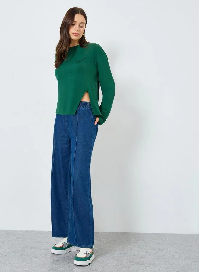 Styli Green Oversized Long Sleeve Side Slit T-Shirt