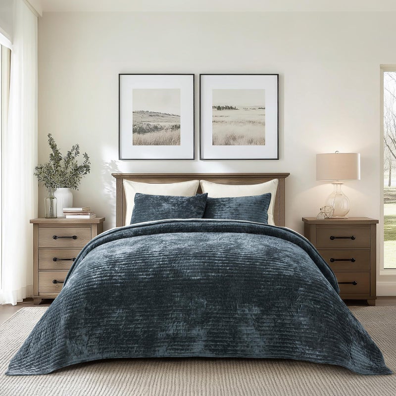 EVERGRACE Velvet Quilt Set King Size, Luxurious Soft Striped Channel Bedding Set, Lightweight Velvet Comforter for All Season, Oversized Bedspread Coverlet with 2 Matching Shams, Stormy Blue - Image 1
