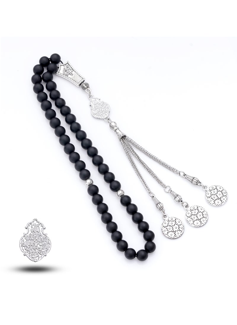 Subhati Prayer Beads (Misbah) with metal Parts and Onyx Stone | 8 MM Beads - 45 Pcs |Gandeel Writing 6  - Image 1