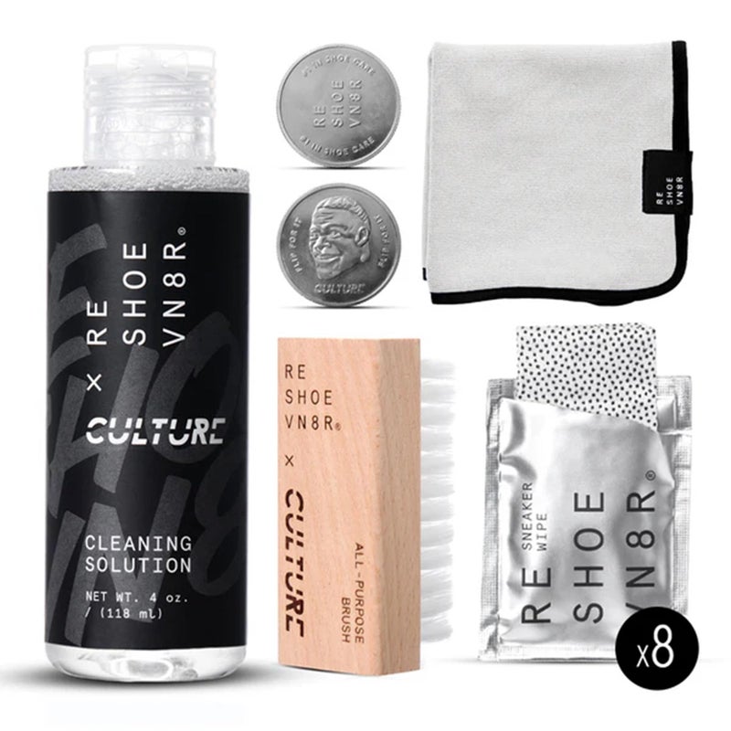 RESHOEVN8R x Culture Shoe Cleaning Kit with Collectible Coin - Sneaker Cleaner Set for Mesh, Canvas, Suede, Knit, Leather Shoes - 4oz Shoe Cleaner Solution, Brush, Sneaker Wipes, Microfiber Towel - Image 1