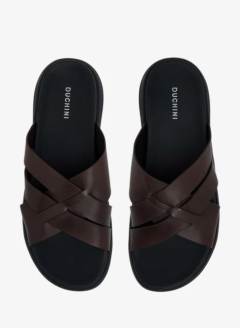 DUCHINI Men Leather Cross Strap Sandals