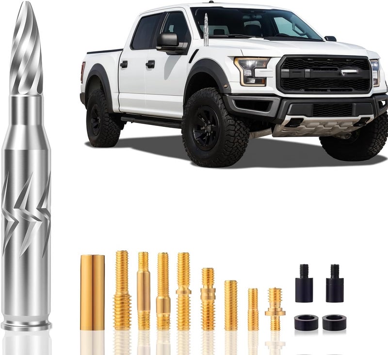 Lenareli 5.5in Chrome Bullet Antenna 50 Cal Truck Antenna Fittings， Fit for Ford F150 F250 F350 Raptor/Dodge RAM 1500 2500 3500/Chevrolet Silverado & GMC Majority Short Replacement Antenna (Chrome) Dense material - Image 1