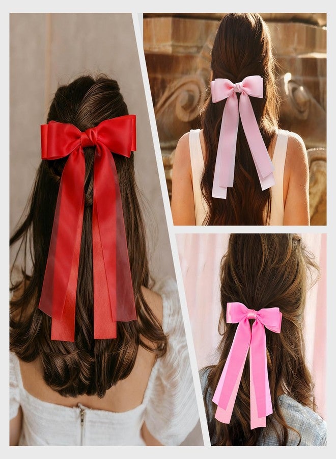 جيلي 3 قطع من ربطات الشعر للنساء والفتيات، 3 ألوان: أحمر، وردي، وردي فاقع. مشابك شعر على شكل فيونكات كبيرة لطيفة مع شرائط شعر طويلة. مشابك أنيقة لإكسسوارات الشعر للنساء والفتيات والأطفال الصغار والمراهقات. - Image 3