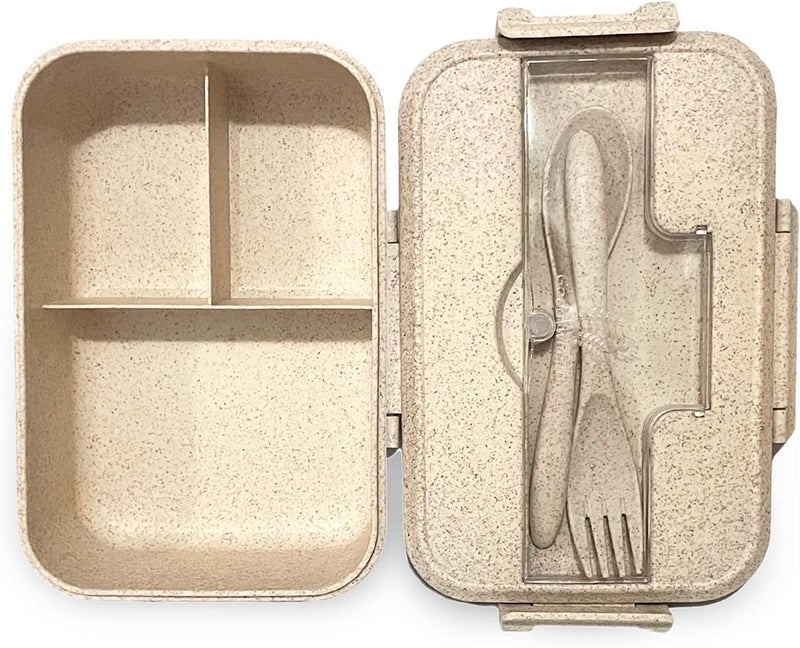 STAR WORK 3 Compartment Lunch Box, Wheat Straw Lunch Containers With Utensils, Leak Proof Meal Prep Containers, Microwave and Dishwasher Safe (BEIGE) - Image 1