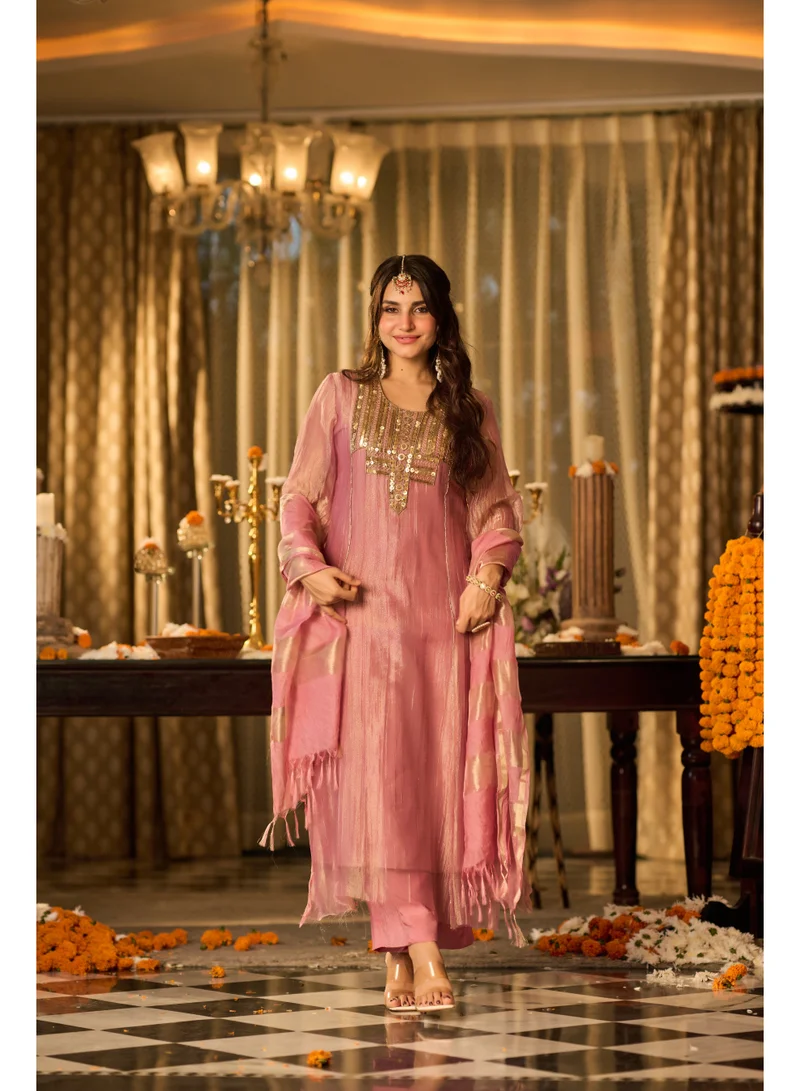 Priya’s Panache Premium Pink Crush Shimmer 3-Piece Suit Set for Women with Handwork Embellished Neckline & Chanderi Dupatta | A-Line Kurta with 3/4 Sleeves & Shantoon Pants | Indian Ethnic Wear | Salwar Suit | Festive & Wedding Wear