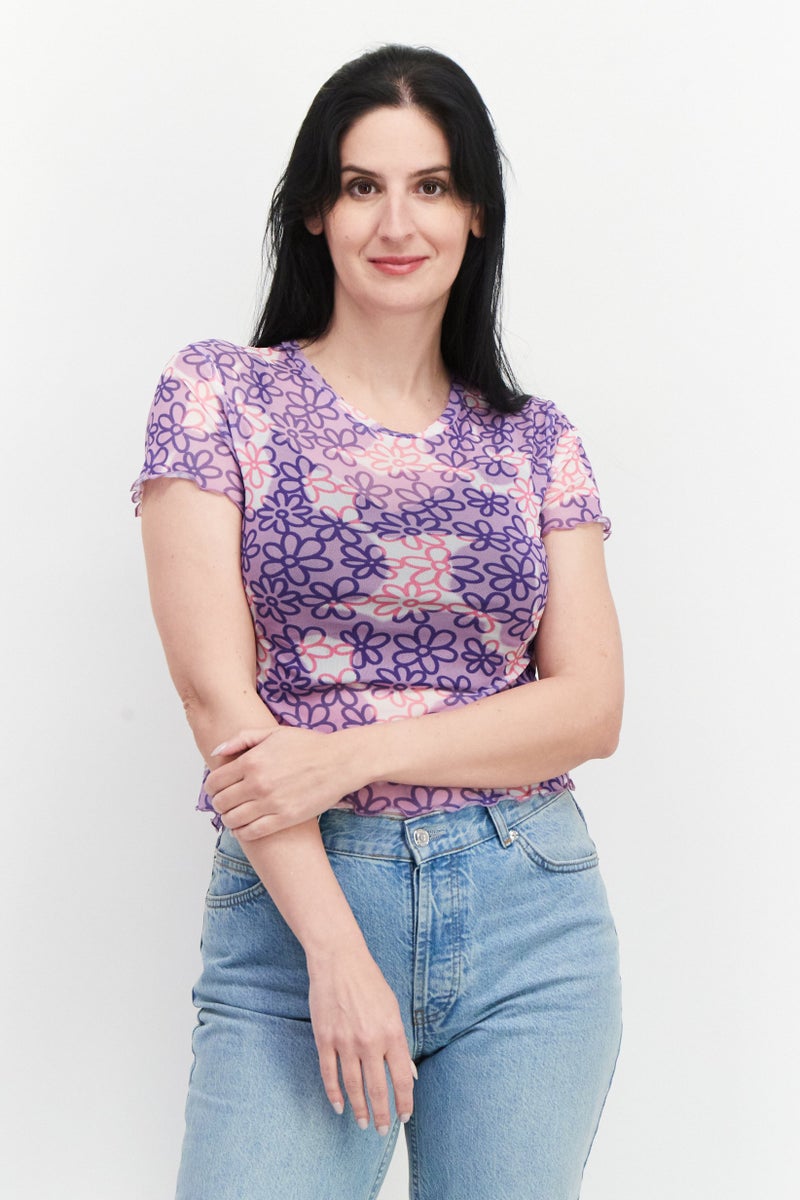 Misfit Women Crew Neck Short Sleeves Printed Top, Lilac Combo - Image 1