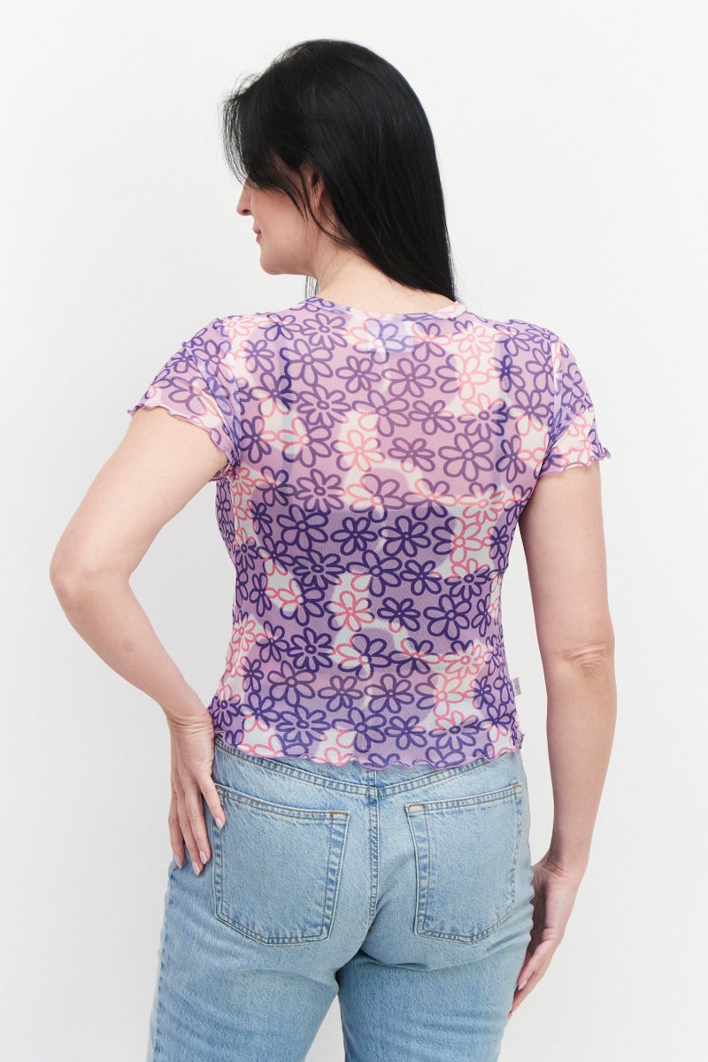 Misfit Women Crew Neck Short Sleeves Printed Top, Lilac Combo - Image 3