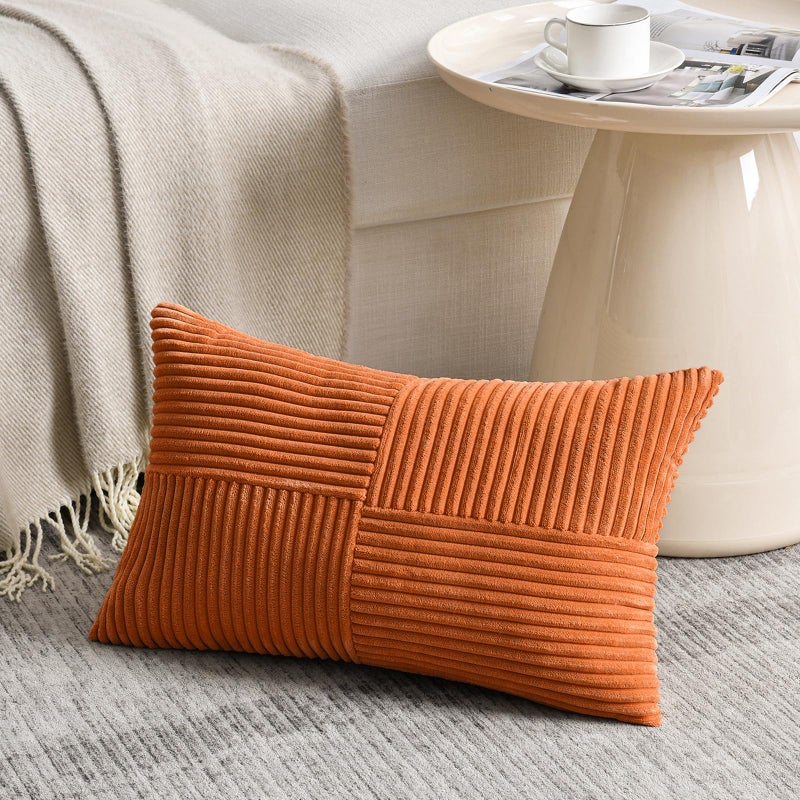 Fancy Homi Burnt Orange Lumbar Decorative Throw Pillow Covers 12x20 Inch for Living Room Couch Bed Sofa Farmhouse Boho Home Decor Soft Striped Corduroy Rectangle Accent Cushion Case 30x50 cm
