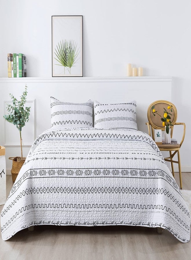 Andency White Quilt Set Oversized King (118x120 Inch), 3 Pieces(1 Striped Triangle Printed Quilt and 2 Pillowcases), Bohemian Summer Lightweight Reversible Microfiber Bedspread Coverlet Sets - Image 1