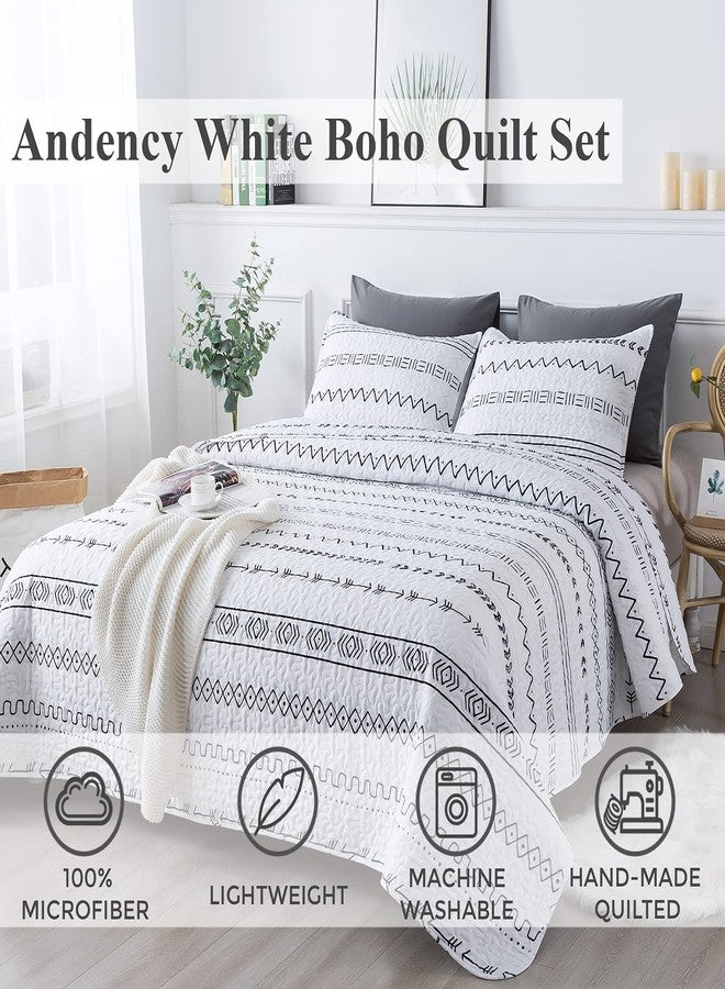 Andency White Quilt Set Oversized King (118x120 Inch), 3 Pieces(1 Striped Triangle Printed Quilt and 2 Pillowcases), Bohemian Summer Lightweight Reversible Microfiber Bedspread Coverlet Sets - Image 2